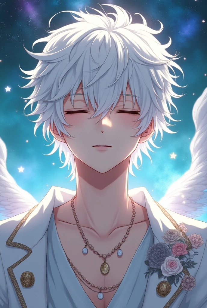 absurdres, highres, ultra detailed, HDR, master piece, best quality, Gojou Satoru, white hair, expressive blue eyes, white eyelashes, Jujutsu Kaisen, solo, sexy man, handsome, horny, lewd, Angel, halo, angel wings on his back, white fantasy clothes, accessories, showing the chest, cross necklace, white gloves, fantasy, magical, white roses, white petals, blue sky, church, Nu Carnival