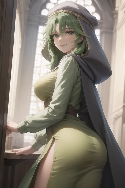 masterpiece, best quality, safy, hood, white cloak, green dress, long sleeves, show ass, looking at viewer, cathedral, serene smile