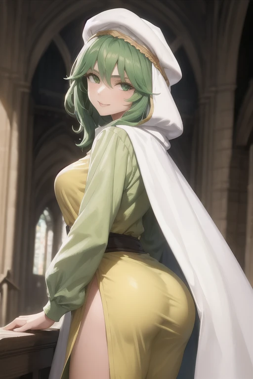 masterpiece, best quality, safy, hood, white cloak, green dress, long sleeves, show ass, looking at viewer, cathedral, serene smile