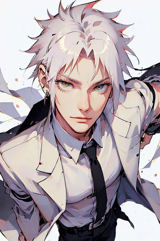 Full body pise: 1 male (tall man, slim, manly, dominate,  half black colored-hair, half white colored- hair, yellow eyes, tough, mad scientist outfit, has 1 earring.) best quality, ultra-detailed, illustration,extremely detailed, detailed face, soft light, soft focus, perfect face, illustration