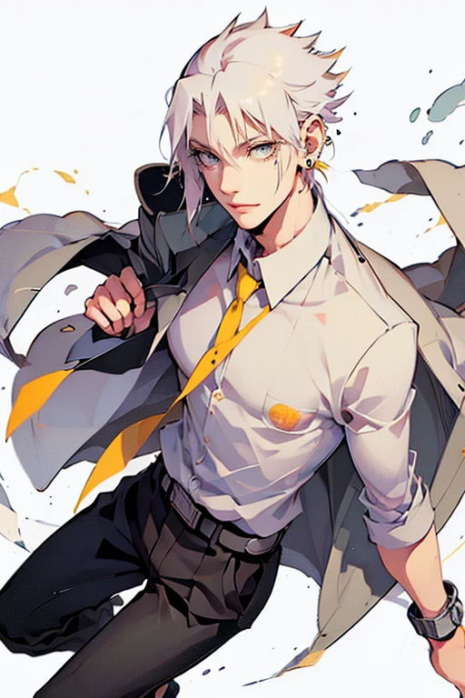 Full body pise: 1 male (tall man, slim, manly, dominate,  half black colored-hair, half white colored- hair, yellow eyes, tough, mad scientist outfit, has 1 earring.) best quality, ultra-detailed, illustration,extremely detailed, detailed face, soft light, soft focus, perfect face, illustration