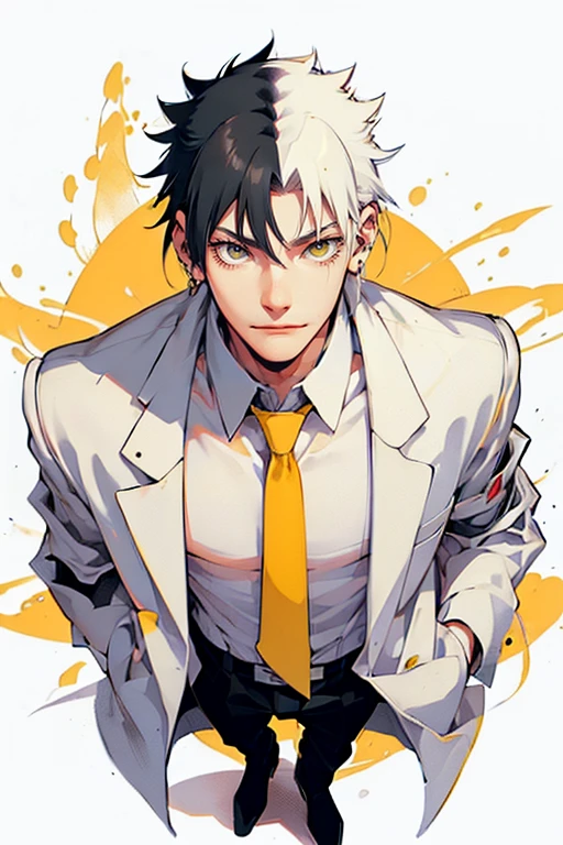 Full body pise: 1 male (tall man, slim, manly, dominate,  half black colored-hair, half white colored- hair, yellow eyes, tough, mad scientist outfit, has 1 earring.) best quality, ultra-detailed, illustration,extremely detailed, detailed face, soft light, soft focus, perfect face, illustration