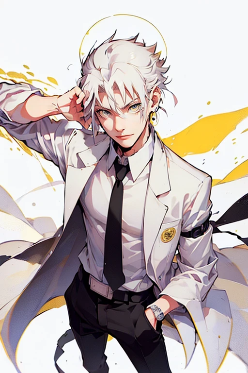 Full body pise: 1 male (tall man, slim, manly, dominate,  half black colored-hair, half white colored- hair, yellow eyes, tough, mad scientist outfit, has 1 earring.) best quality, ultra-detailed, illustration,extremely detailed, detailed face, soft light, soft focus, perfect face, illustration