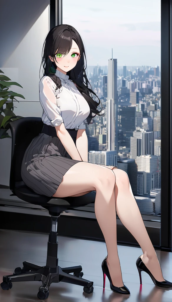 "office lady sitting at a desk, height 163cm, business chic, victorian blouse, slender 63cm waist, full 93cm hips, shapely legs, clear fair skin (RGB: 255, 233, 209), oval face with soft features, almond-shaped eyes (light green) with double eyelids, straight nose, full lips with natural pink color (RGB: 222, 165, 1) in a professional smile, long black hair, subtle makeup suitable for office with focus on eyes and neutral lip color, wearing a crisp white victorian blouse and a victorin waist corset, dark gray victorian long lenght maxi skirt, long skirt without openings, 5inch louboutin high heels, in a modern office setting with floor-to-ceiling windows, full body, from side, Tokyo skyline view in background, soft natural lighting mixed with office fluorescents, corporate portrait style with a touch of glamour, shot with Sony A1 mirrorless camera, 85mm f/1.4 GM lens, ISO 200, 1/160 sec, 50MP resolution, focus on professional appearance --ar 2:3 --q 2 --s 850 --v 6.0 --style raw"