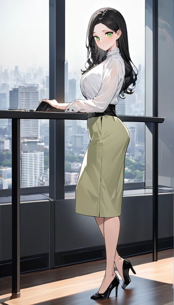 "office lady sitting at a desk, height 163cm, business chic, victorian blouse, slender 63cm waist, full 93cm hips, shapely legs, clear fair skin (RGB: 255, 233, 209), oval face with soft features, almond-shaped eyes (light green) with double eyelids, straight nose, full lips with natural pink color (RGB: 222, 165, 1) in a professional smile, long black hair, subtle makeup suitable for office with focus on eyes and neutral lip color, wearing a crisp white victorian blouse and a victorin waist corset, dark gray victorian long lenght maxi skirt, long skirt without openings, 5inch louboutin high heels, in a modern office setting with floor-to-ceiling windows, full body, from side, Tokyo skyline view in background, soft natural lighting mixed with office fluorescents, corporate portrait style with a touch of glamour, shot with Sony A1 mirrorless camera, 85mm f/1.4 GM lens, ISO 200, 1/160 sec, 50MP resolution, focus on professional appearance --ar 2:3 --q 2 --s 850 --v 6.0 --style raw"