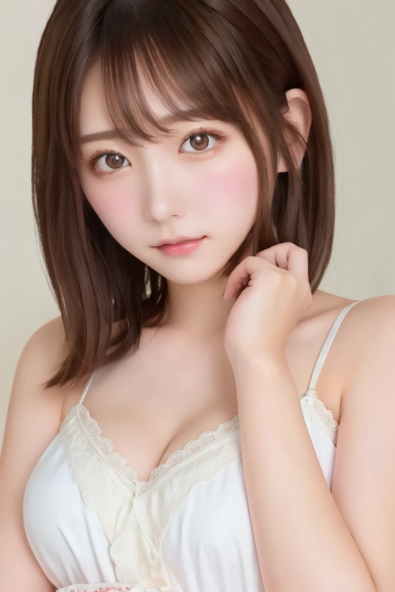 Best Quality, (beautiful)、beautiful女性、Precision Eyes、 medium hair 、 brown eyes 、Fine skin、 upper body、Holding large cushions in hands 、 holding large cushions in hands、Close-up、 camisole、 brown hair