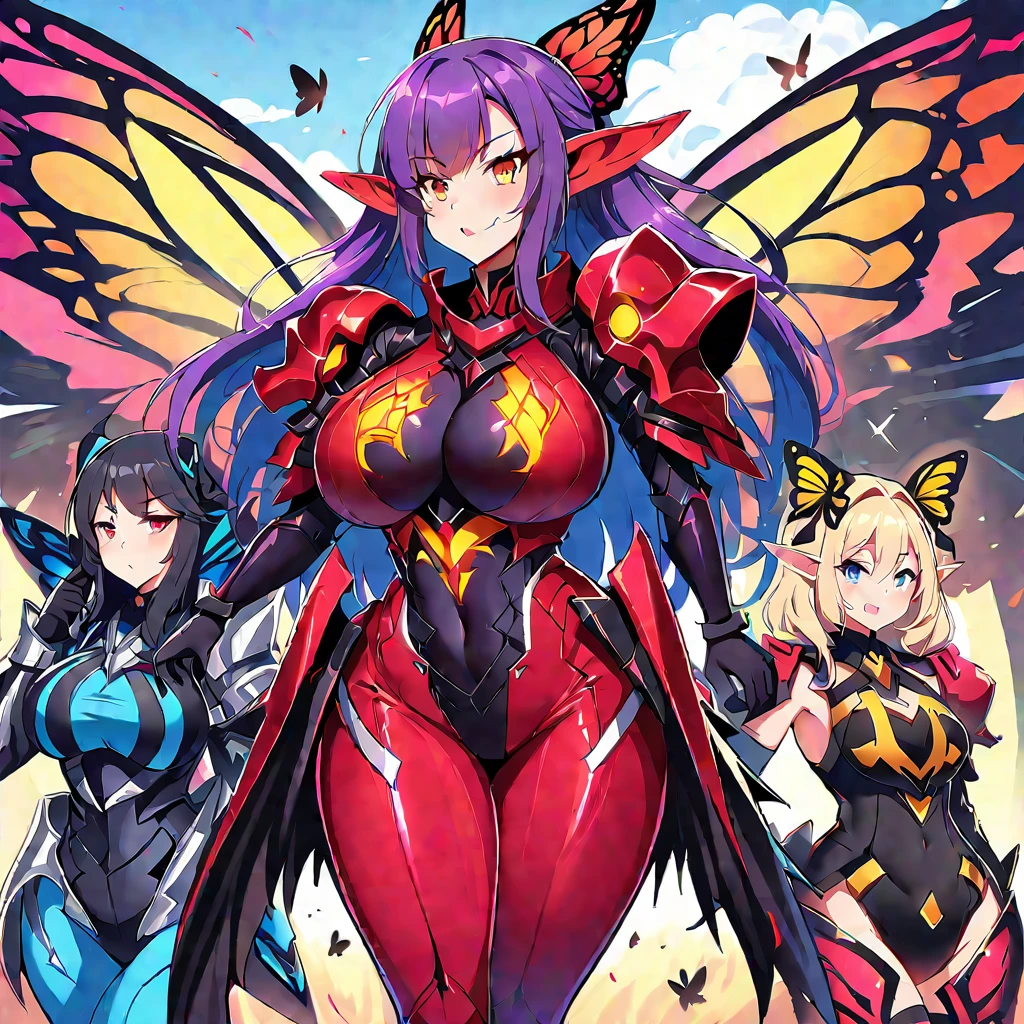 Anime, Berserker girls, elf's ears, butterfly's wings, body-armor, Berseker' clothes, Berserker clothes, curvy body, multiple girls, berserker, girls surrounding