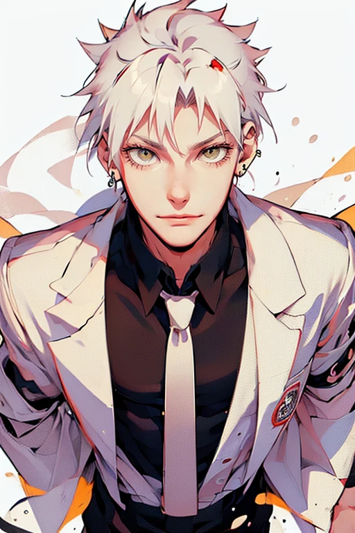 Full body pise: 1 male (tall man, slim, manly, dominate,  half black colored-hair, half white colored- hair, yellow eyes, tough, mad scientist outfit, has 1 earring.) best quality, ultra-detailed, illustration,extremely detailed, detailed face, soft light, soft focus, perfect face, illustration