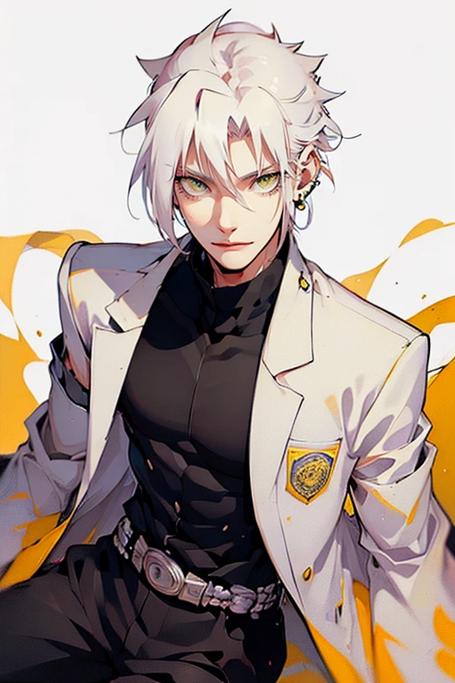 1 male (tall man, slim, manly, dominate,  half black colored-hair, half white colored- hair, yellow eyes, tough, wearing a sci-fi outfit, has 1 earring.) best quality, ultra-detailed, illustration, complex, detailed, extremely detailed, detailed face, soft light, soft focus, perfect face, illustration: Full Body