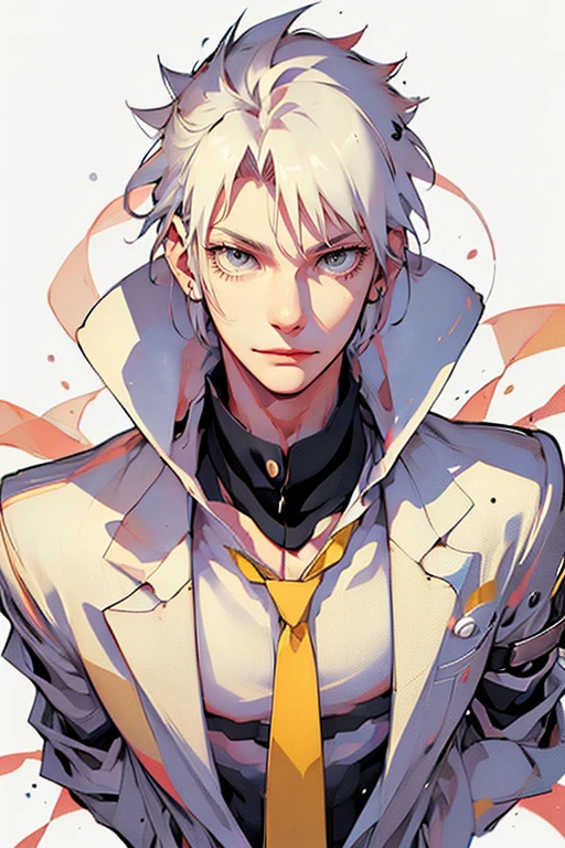 1 male (tall man, slim, manly, dominate,  half black colored-hair, half white colored- hair, yellow eyes, tough, wearing a sci-fi outfit, has 1 earring.) best quality, ultra-detailed, illustration, complex, detailed, extremely detailed, detailed face, soft light, soft focus, perfect face, illustration: Full Body