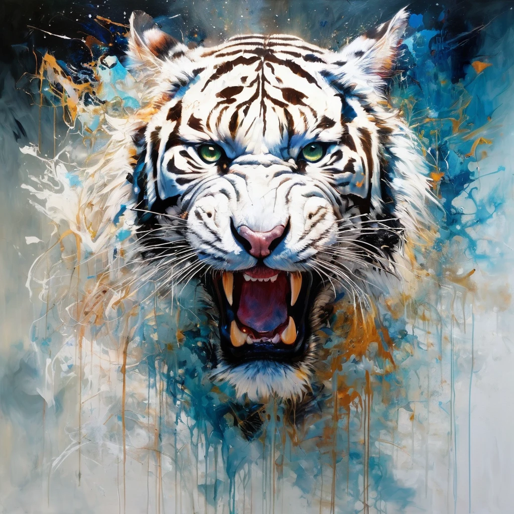 an abstract oil painting of a white tiger, walking, full body, threatening, aggressive expression, shrouded in shadows, white background, radiating electrical energy, hyperdetailed painting, luminism, art by Carne Griffiths and Wadim Kashin concept art, 8k resolution, fractal isometrics details , intricately detailed,