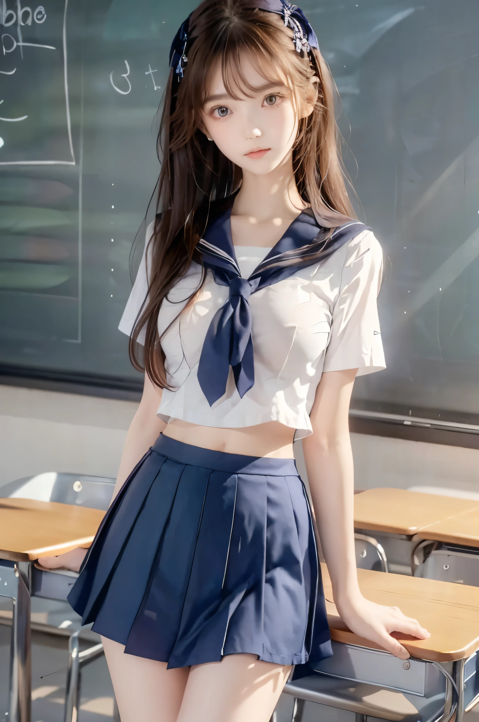 ( super high image quality ), ( looking over here), (Short-sleeved sailor uniform,  navy blue mini skirt), Big Breasts, Super beautiful breasts, Slender, (Thin legs:1.2), (Thin thighs:1.2), (Thin Hips:1.4), (Beautiful Skin,  shiny skin,  white skin), (Super slim face, Super beautiful face, No makeup, Smile:0.6), (Light Brown Hair,  semi-long, Layered Cut, Fluffy hair), (Big eyes:1.3, High corners of the eyes:1.6, double eyelid), (Thin eyebrows:0.1), (Small Nose:0.6), (Thin lips:0.6), Beautiful Hands, Empty-handed,  standing, School classroom