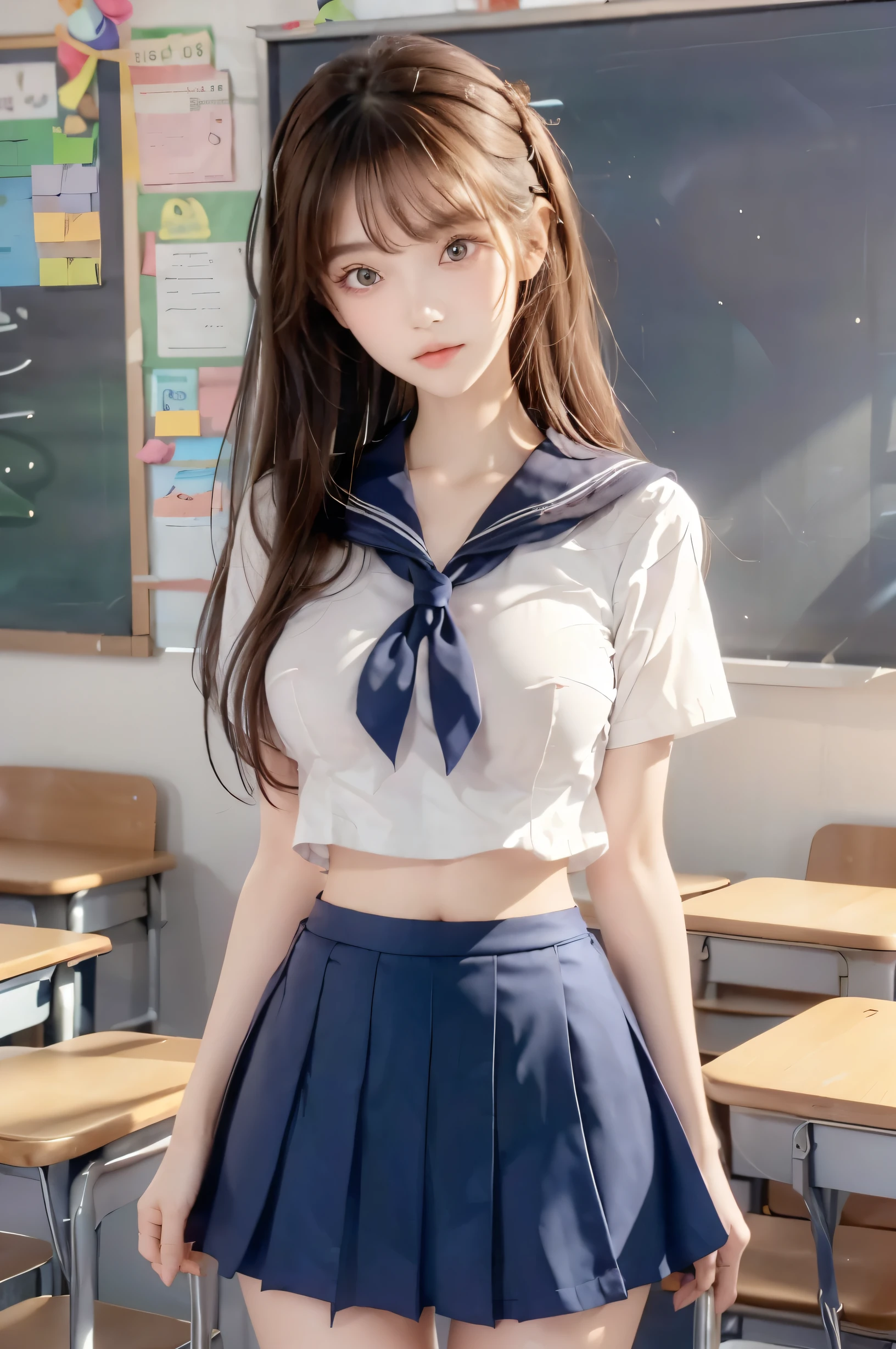 ( super high image quality ), ( looking over here), (Short-sleeved sailor uniform,  navy blue mini skirt), Big Breasts, Super beautiful breasts, Slender, (Thin legs:1.2), (Thin thighs:1.2), (Thin Hips:1.4), (Beautiful Skin,  shiny skin,  white skin), (Super slim face, Super beautiful face, No makeup, Smile:0.6), (Light Brown Hair,  semi-long, Layered Cut, Fluffy hair), (Big eyes:1.3, High corners of the eyes:1.6, double eyelid), (Thin eyebrows:0.1), (Small Nose:0.6), (Thin lips:0.6), Beautiful Hands, Empty-handed,  standing, School classroom