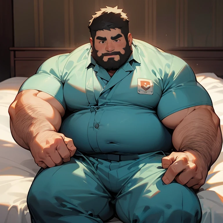 ​masterpiece,top-quality, 8K, Rest area, A fat man laying in bed and spreads his legs in an M shape, Spread legs, nerdy, short legs, Bowleg, Shirtless, wear a wide open coveralls, Factory worker uniform, Shy, Fat Man, Glasses, Black-haired man, Man with big face, Round face, Sweating, out, hard, nsfw, solo, asian,