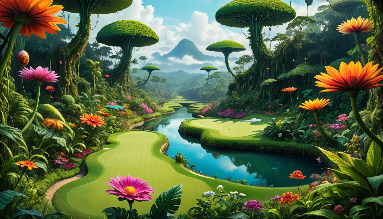  An ultra-fine digital painting depicting beings that change shape to adapt to the environment of a jungle planet where floating plants live、 Psychedelic Flowers 、Giant Extremely Colored Flowers 、A golf course that stretches as if sewing through that vegetation 、 | Cyber Punkai ,  Super detailed, Hyperrealism,   Volume Lighting  、 realistic pictures