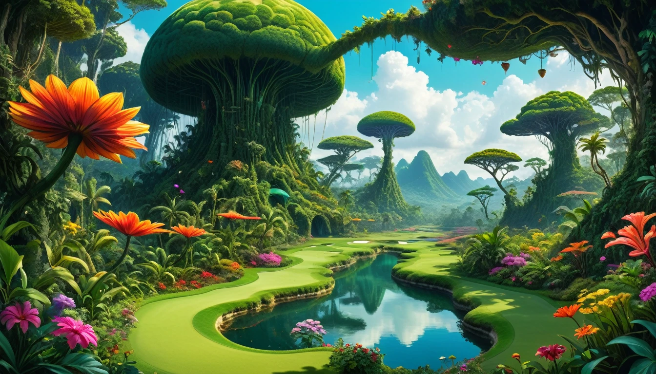  An ultra-fine digital painting depicting beings that change shape to adapt to the environment of a jungle planet where floating plants live、 Psychedelic Flowers 、Giant Extremely Colored Flowers 、A golf course that stretches as if sewing through that vegetation 、 | Cyber Punkai ,  Super detailed, Hyperrealism,   Volume Lighting  、 realistic pictures