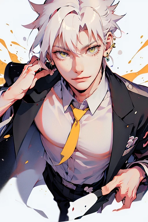 1 male (tall man, slim, manly, dominate,  half black colored-hair, half white colored- hair, yellow eyes, tough, wearing a sci-fi outfit, has 1 earring.) best quality, ultra-detailed, illustration, complex, detailed, extremely detailed, detailed face, soft light, soft focus, perfect face, illustration: Full Body