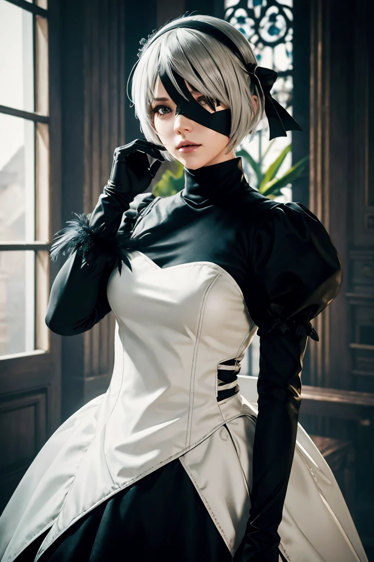 2B Nier Automata,Bobcut, Gray Hair,Long sleeve, Juliet Sleeve, White gloves, turtleneck, bangs, Feather ornament, Feather ornament sleeves, Blindfold, Black Goth Dress,Bird&#39;s-eye view,Japanese Ultra HD,super high quality,masterpiece,Digital SLR,Photorealistic,Detailed details,Vivid details,Depicted in detail,A detailed face,Detailed details,Super Detail,Realistic skin texture,Anatomical basis,Perfect Anatomy,Anatomically correct hand,Anatomically correct fingers,Complex 3D rendering,Sexy pose,Rainy Sky,Beautiful scenery,Fantastic rainy sky,Fantasy worldview,Picturesque,Pink Lips,Black butterfly々Fluttering,A ruined world,A devastated battlefield,ruins,