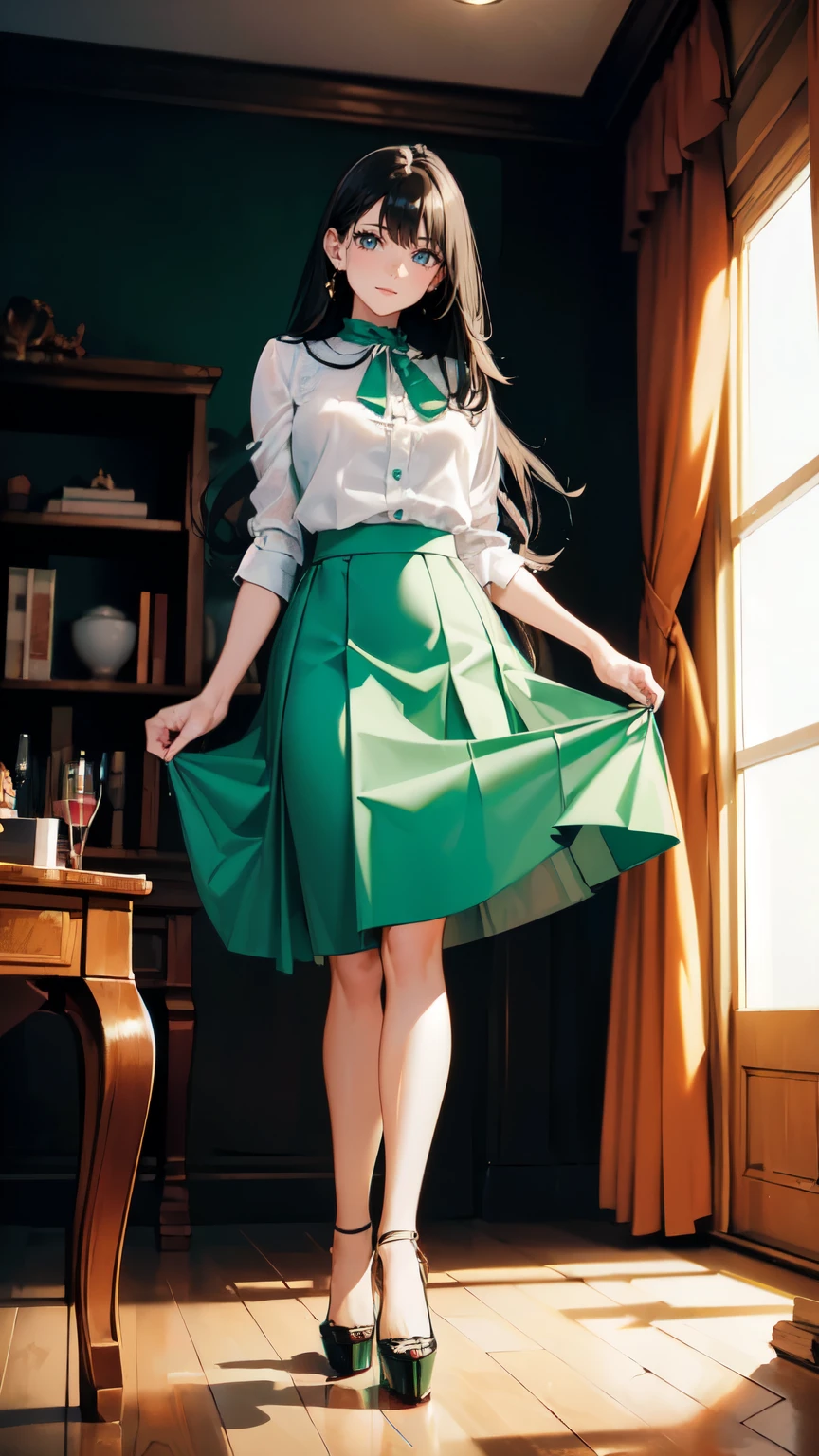 ((masterpiece, high resolution, better quality, better details)), ((Smiling)), ((one girl)) a girl standing, full body, maxi green skirt, blouse,((louboutin high heels)), green eyes , ((black hair, long hair)), shiny skin, solo, full body, from behind, focus full body, high heels, in office, working secretary