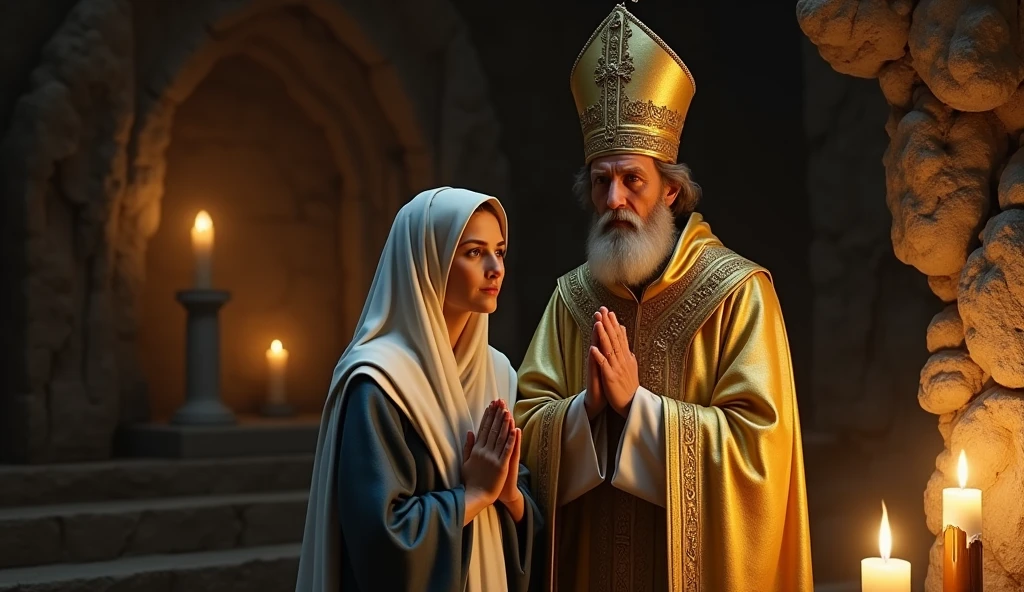 Muslim white beard king setting on chair beautiful Queen in veil standing with him