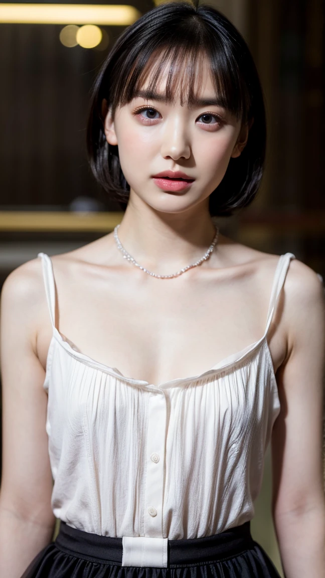 absurdres, RAW photo, extremely delicate and beautiful, masterpiece, Best Quality, ultra high resolution, 32k, hyperrealistic, ultra-detailed, delicate facial features, beautiful detailed woman, tearful mole, earring, medium breasts, full body shot, medium hair, black hair, solo, alone, Sweat, one shoulder exposed,