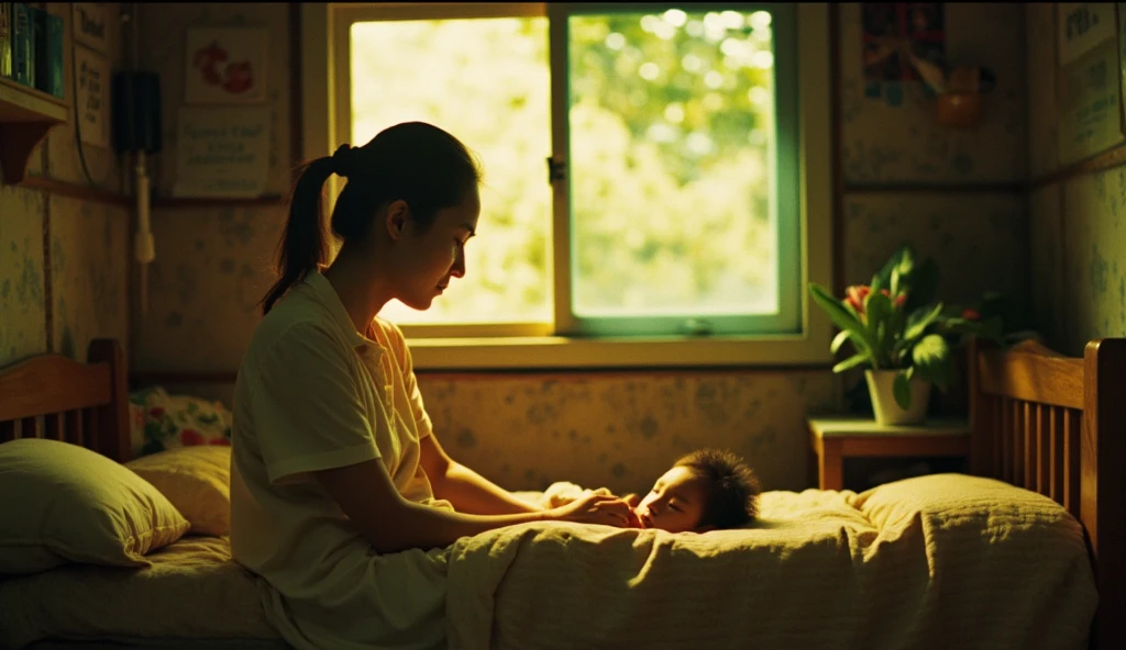 a beautiful, slim, 32 year old Indonesian woman wearing a hijab wearing a gamis with open buttons, visible bra with a sad facial expression sitting on the bed while contemplating, next to a 14 year old boy who is sleeping on a simple mattress in a room. with wooden walls.