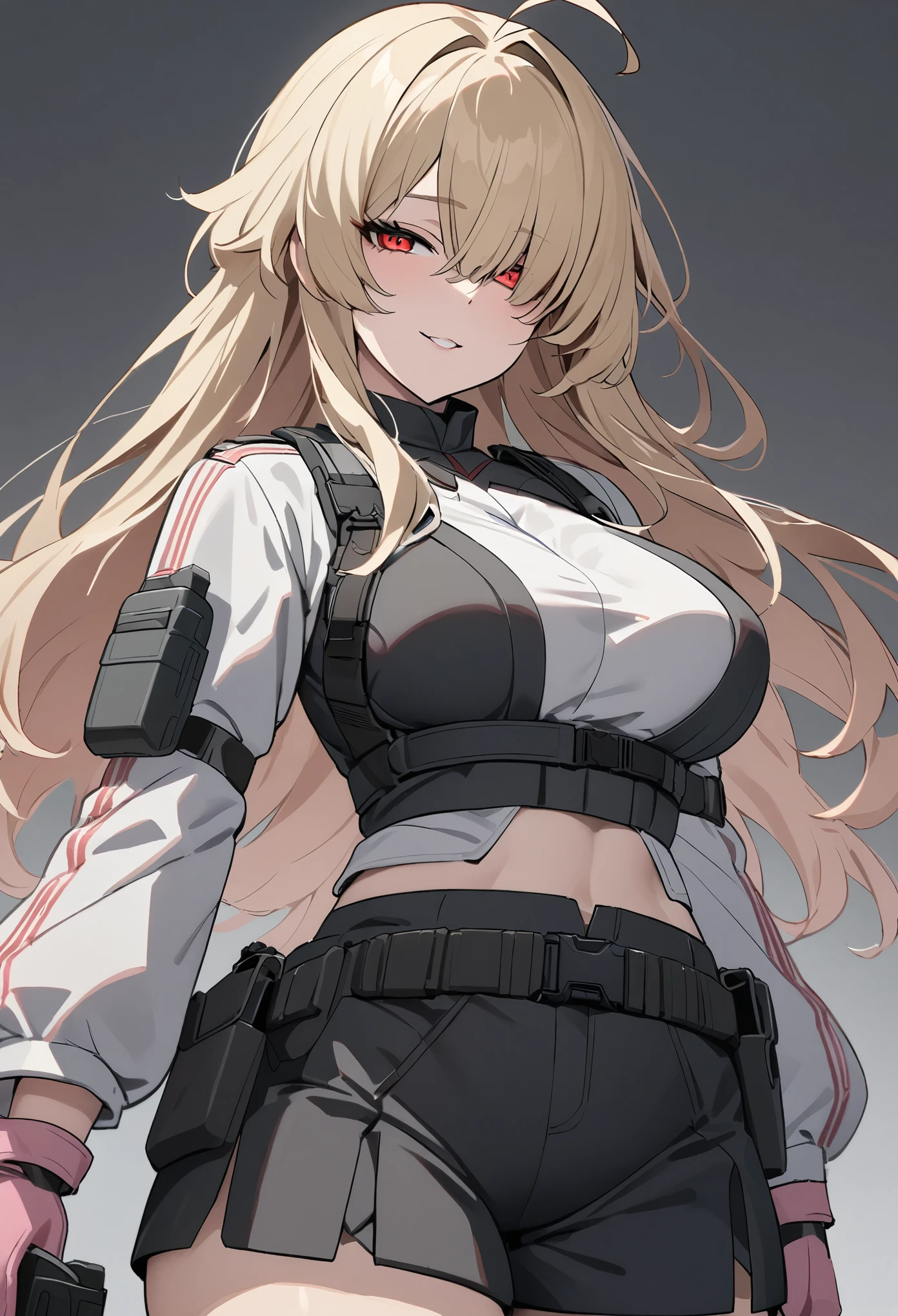 (high-quality, breathtaking),(expressive eyes, perfect face) 1girl, female, solo, mature, half open eyes, Alicization, Symmetrical Eyes, simple background, seductive smile, long hair, SAO inspired, maomao, armor, cowboy shot, medium full shot, light blonde hair, bangs, alluring red eyes, large breasts, hair between eyes, fluffy hair, half open eyes, hair over one eye, small Ahoge, pale blonde hair color, bright red eye color, straight hair, (NO braids in hair), cargo belt with holsters, Gun Gale Online, (black cargo shorts), gun holsters, military, ((light pink combat gloves)), pistol, (white leather biker jacket), dark grey tactical harness, tech wear, security equipment, cyberpunk, girls front line