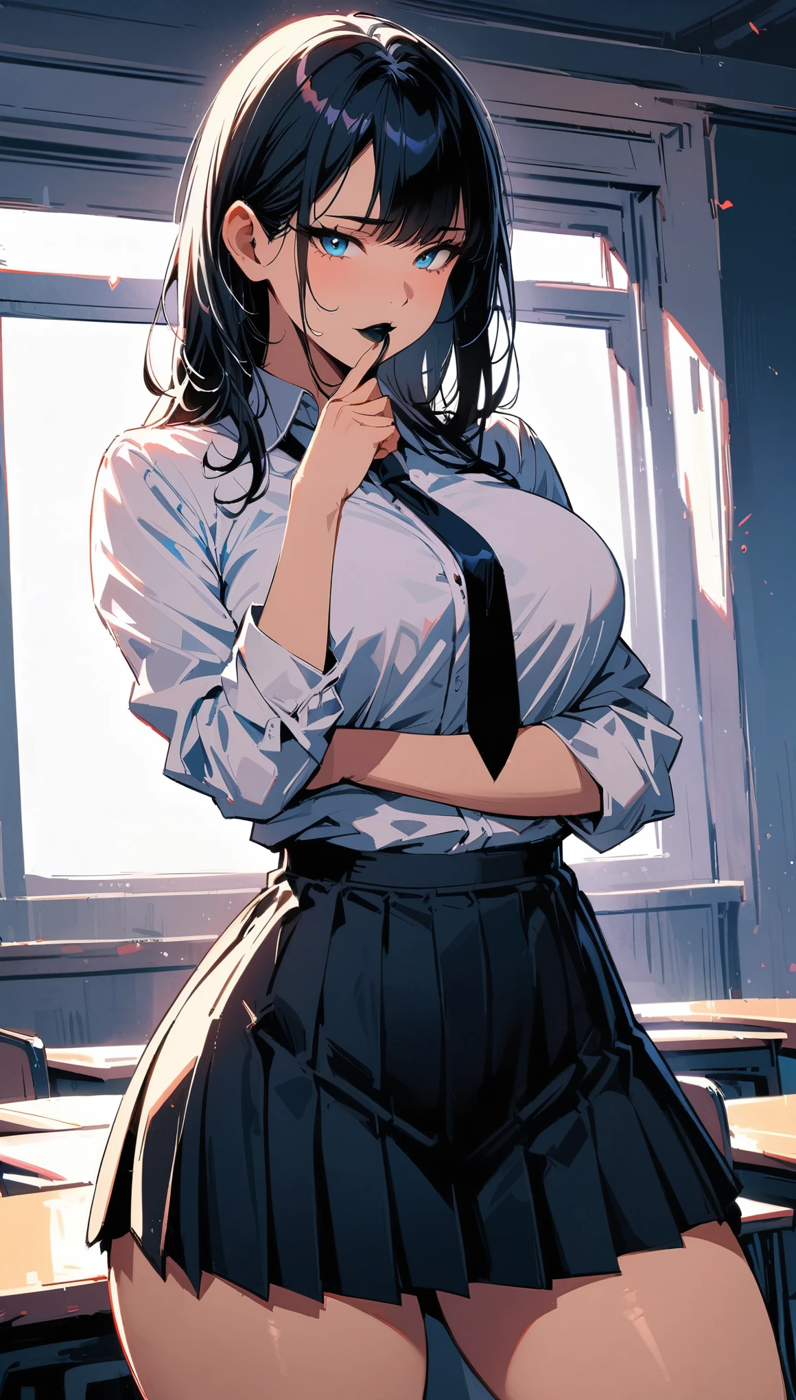 1woman, parted lips, makeup, seducing, NSFW, school uniform, classroom, school bag, light rays, glow, thighs, collarbone, narrow waist, (masterpiece), wallpaper,