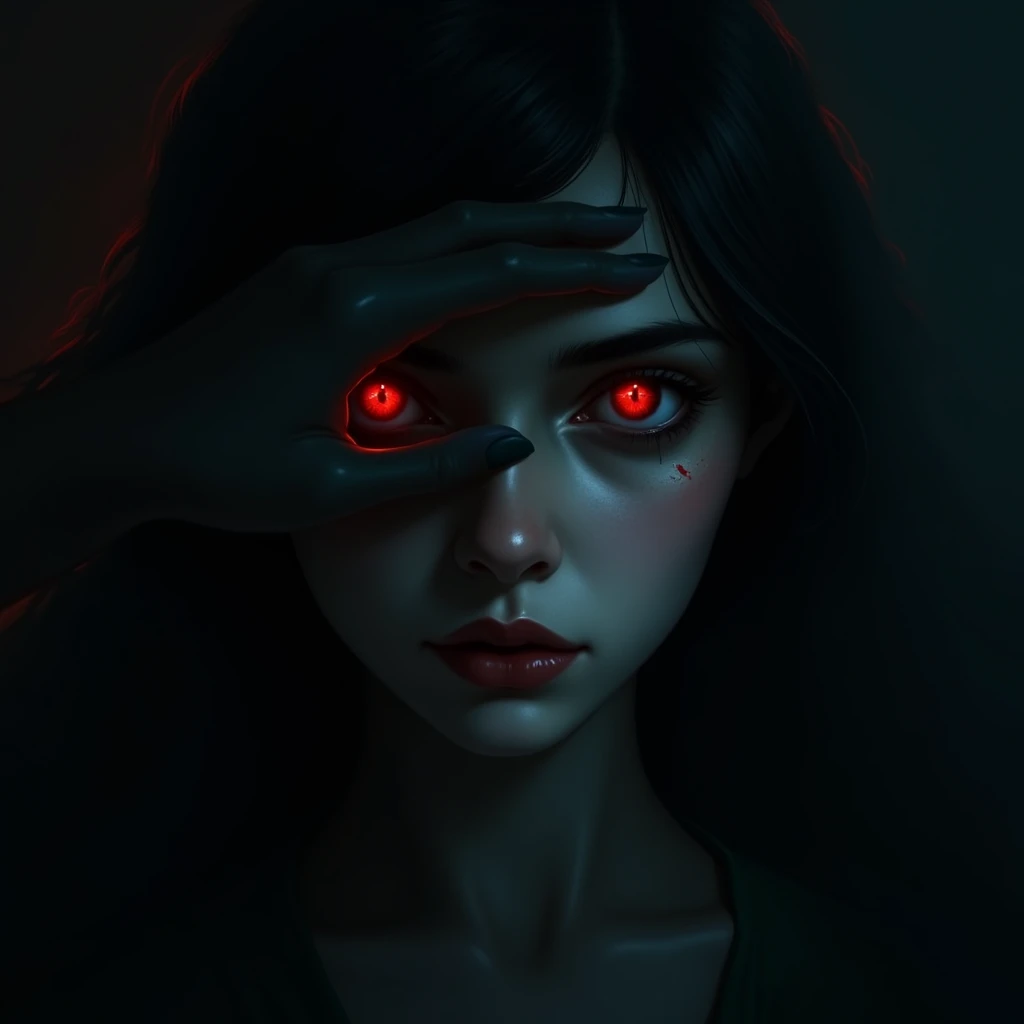 A woman's eyes glimmering in dark behind her is a evil shadow , the evil shadow is covering her eyes with it's hand a nice dark aesthetic creative art