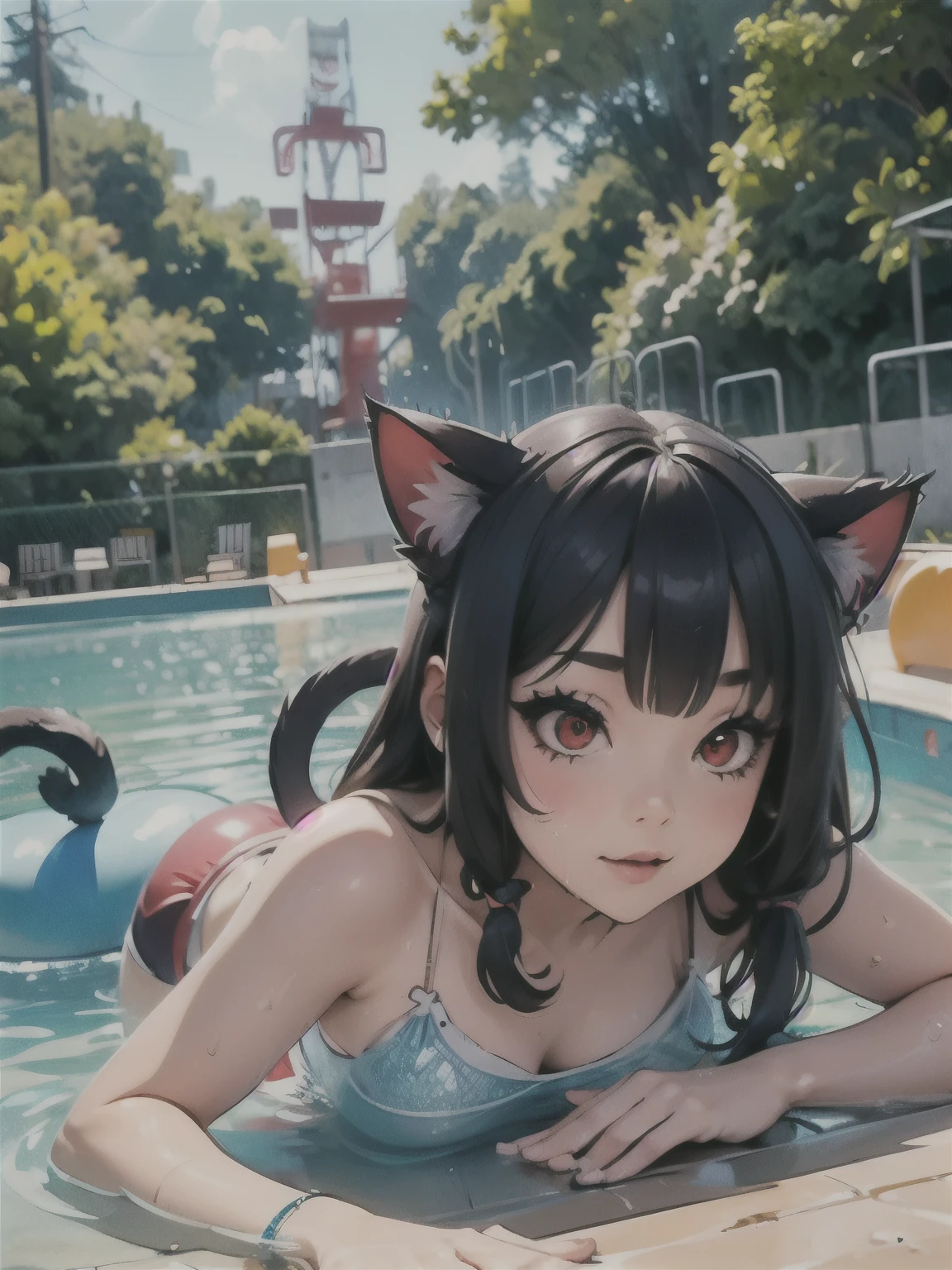 girl, slim body, navy blue hair, short hair, wolf ear, nano micro blue lace bra, nano micro lace panties, choker, pool background, wet, light eyes, anime, 14 years old --auto --s2