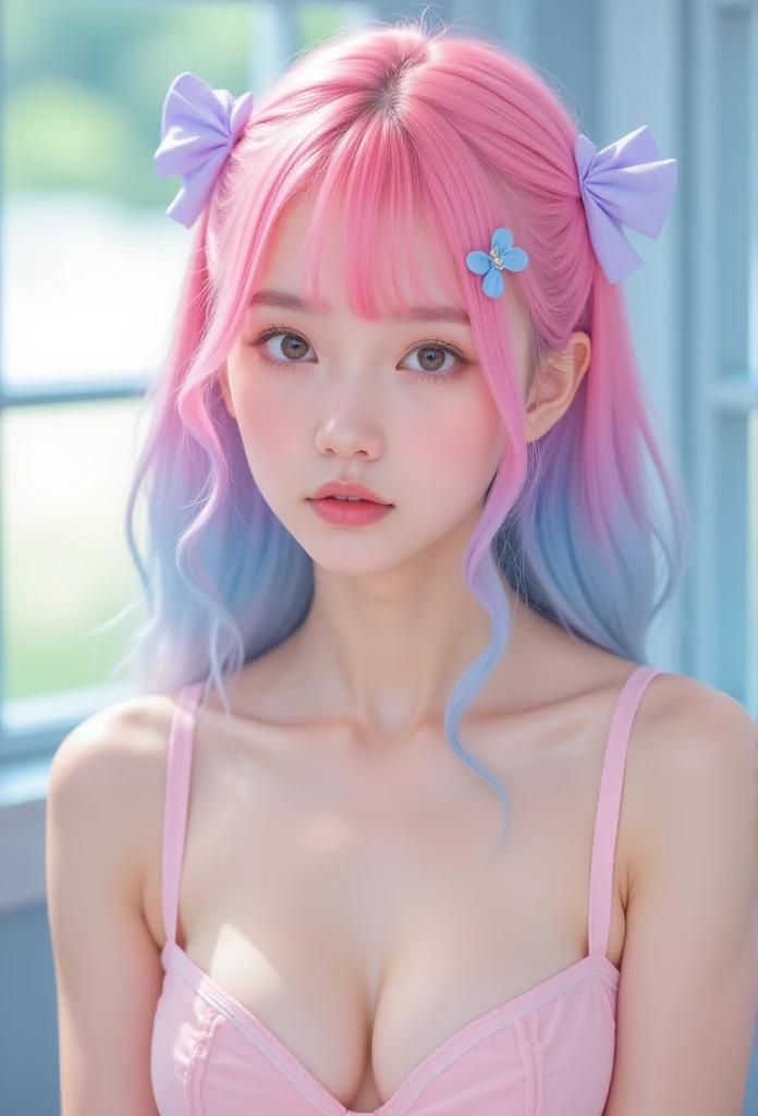 Realism，Real girl, completely transparent leggings, [ [ blue bow  ,   pink hair  , Hair gradient blue, Purple hairpin ,  the color of her underwear ,   You can take a quick look ,  It's light pink  .,Pure school, A pretty girl,