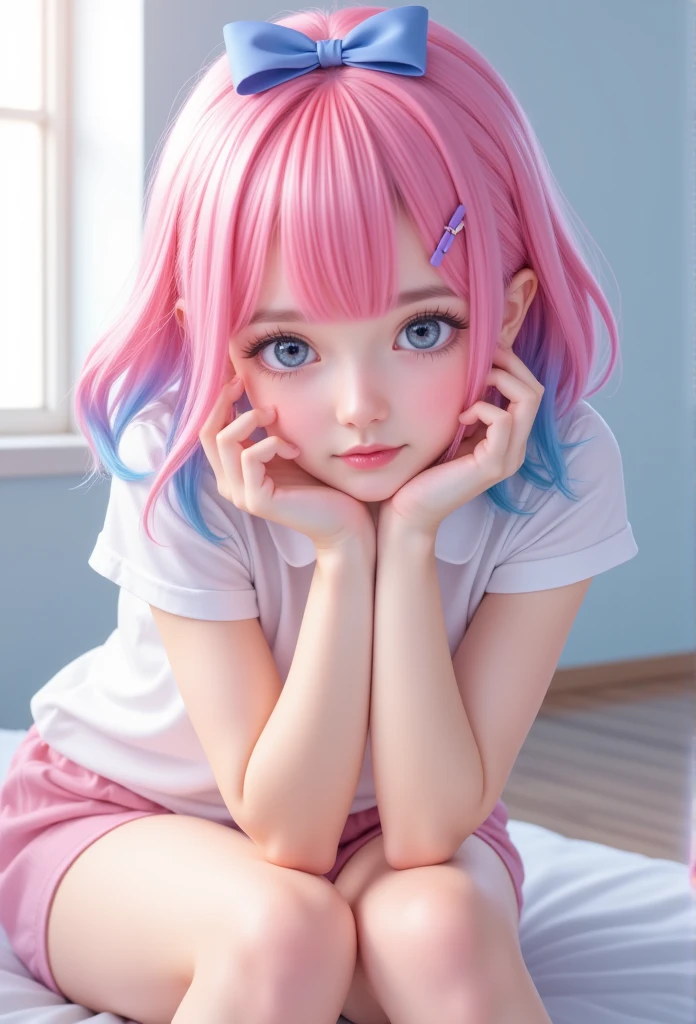 Realism，Real girl, completely transparent leggings, [ [ blue bow  ,   pink hair  , Hair gradient blue, Purple hairpin ,  the color of her underwear ,   You can take a quick look ,  It's light pink  .,Pure school, A pretty girl,