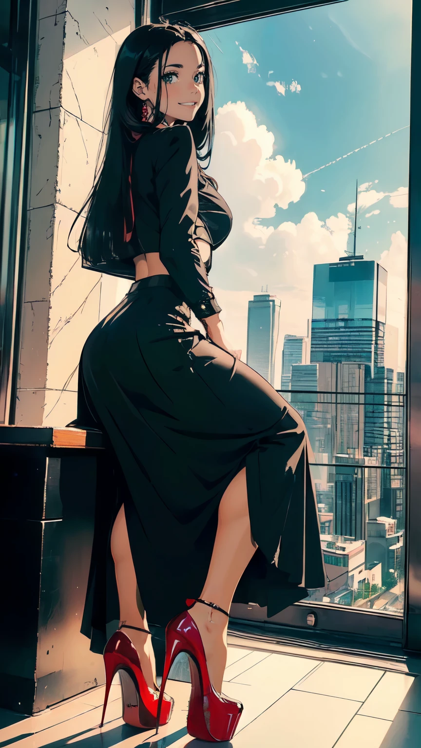 ((masterpiece, high resolution, better quality, better details)), ((Smiling)), ((one girl)) a girl sitting in the office, full body, maxi skirt, long skirt, ((long skirt without openings)),((louboutin high heels)), green eyes , ((black hair, long hair)), shiny skin, ((behind view)), solo, from behind, full body, focus full body, high heels, in office,