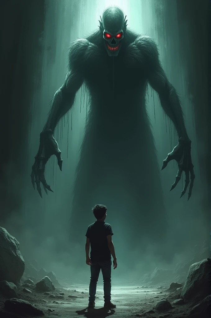 {{A ((terrifying)) depiction of {((a giant Alien Zombie monster))}} with {((decaying, grotesque features, glowing eyes, and an otherworldly appearance, emerging menacingly from a cascading waterfall))}}. This is a {((horror and sci-fi))}-inspired image that showcases {((the monster's eerie presence and overwhelming size))}}. The environment/background should be {((a dark, misty jungle with a towering waterfall, the Alien Zombie monster breaking through the water with a small, terrified person standing below, dwarfed by the monstrous creature))}} to create an {((atmosphere of fear and suspense))}}. The image should be in the style of a {((high-resolution digital illustration))}}, incorporating elements of {((alien horror and dramatic natural landscapes))}}. The {((frontal, wide-angle shot))}}, captured with a {((35mm lens))}}, will provide a {((dramatic and direct perspective of the monster's emergence and the person's vulnerability))}}. The lighting should be {((moody and ominous, with flashes of light highlighting the decaying, alien features of the monster and