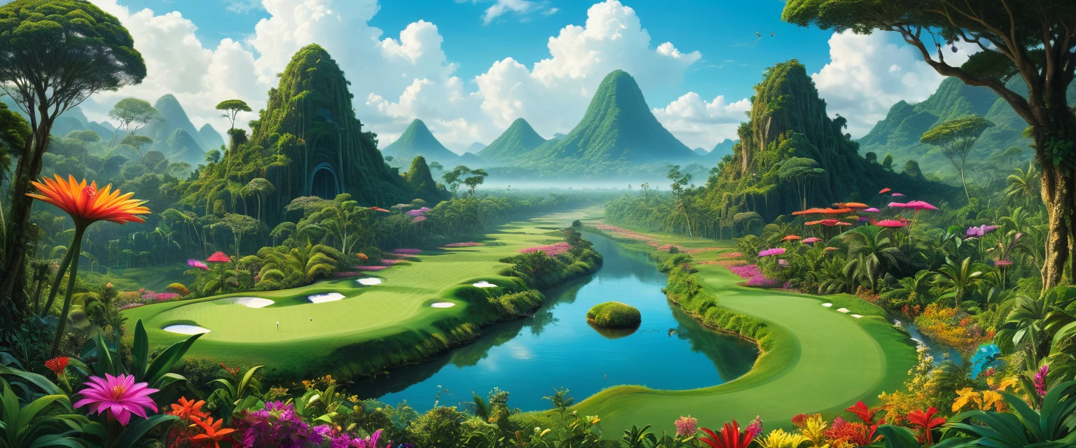  An ultra-fine digital painting depicting beings that change shape to adapt to the environment of a jungle planet where floating plants live、 Psychedelic Flowers 、Giant Extremely Colored Flowers 、A golf course that stretches as if sewing through that vegetation 、 | Cyber Punkai ,  Super detailed, Hyperrealism,   Volume Lighting  、 realistic pictures,live-action、 panorama