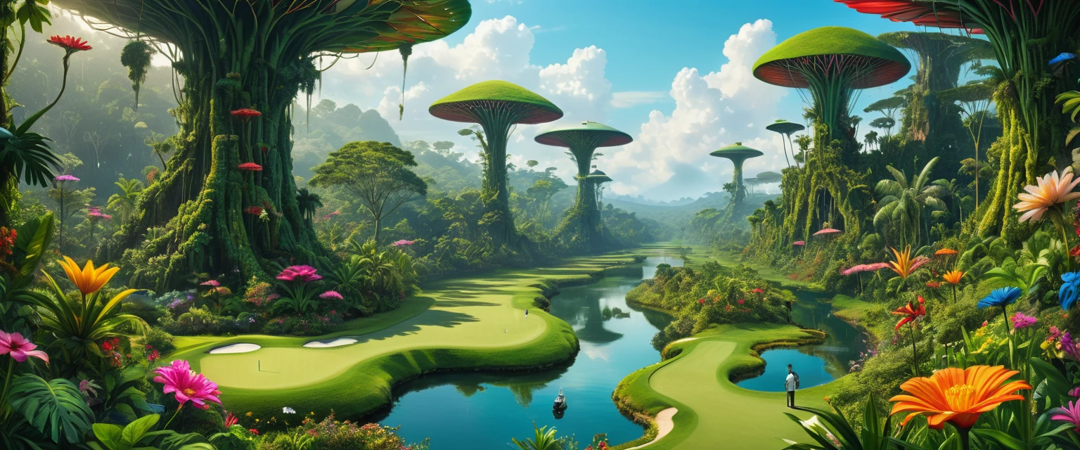  An ultra-fine digital painting depicting beings that change shape to adapt to the environment of a jungle planet where floating plants live、 Psychedelic Flowers 、Giant Extremely Colored Flowers 、A golf course that stretches as if sewing through that vegetation 、 | Cyber Punkai ,  Super detailed, Hyperrealism,   Volume Lighting  、 realistic pictures,live-action、 panorama