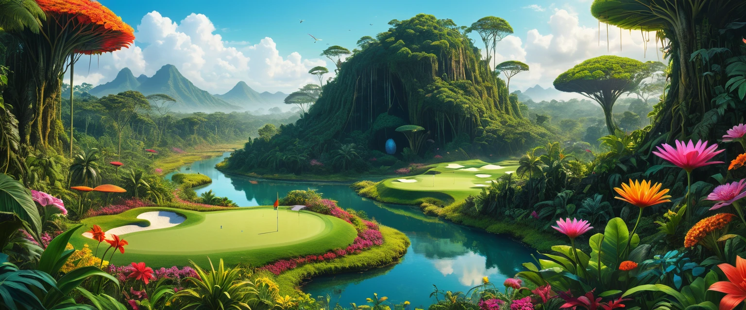  An ultra-fine digital painting depicting beings that change shape to adapt to the environment of a jungle planet where floating plants live、 Psychedelic Flowers 、Giant Extremely Colored Flowers 、A golf course that stretches as if sewing through that vegetation 、 | Cyber Punkai ,  Super detailed, Hyperrealism,   Volume Lighting  、 realistic pictures,live-action、 panorama