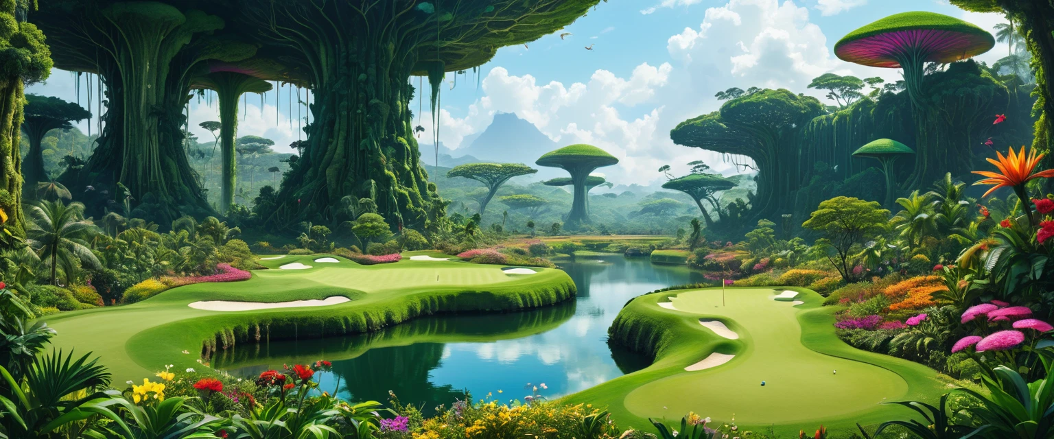  An ultra-fine digital painting depicting beings that change shape to adapt to the environment of a jungle planet where floating plants live、 Psychedelic Flowers 、Giant Extremely Colored Flowers 、A golf course that stretches as if sewing through that vegetation 、 | Cyber Punkai ,  Super detailed, Hyperrealism,   Volume Lighting  、 realistic pictures,live-action、 panorama