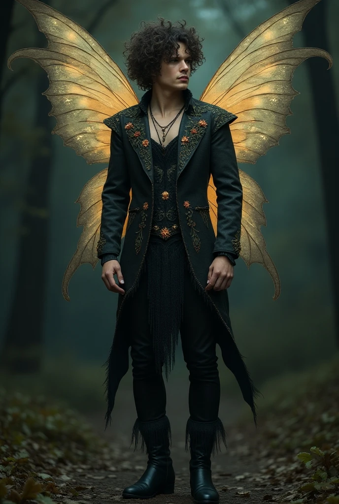 Cute male fairy with blue and gold details, large wings, full body, forest in the background, soft, delicate, symmetrical colors, male face, masterpiece, full body --auto
