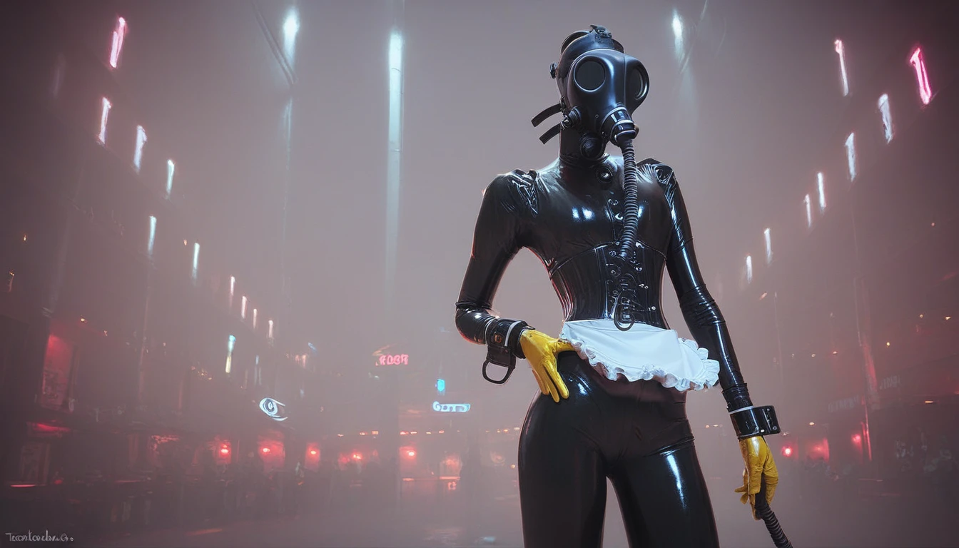 8k. One latex maid.. Very thin maid. A very thin waist. The gas mask, is a very thin Model 4. Black latex suit, black corset, latex gloves, Long white apron with frills, lattex hijab, Yellow Household Gloves with wide cuffs. He stands tall. An sexy pose. Background A wet street, a night metropolis with neon lights. Cyberpank style.