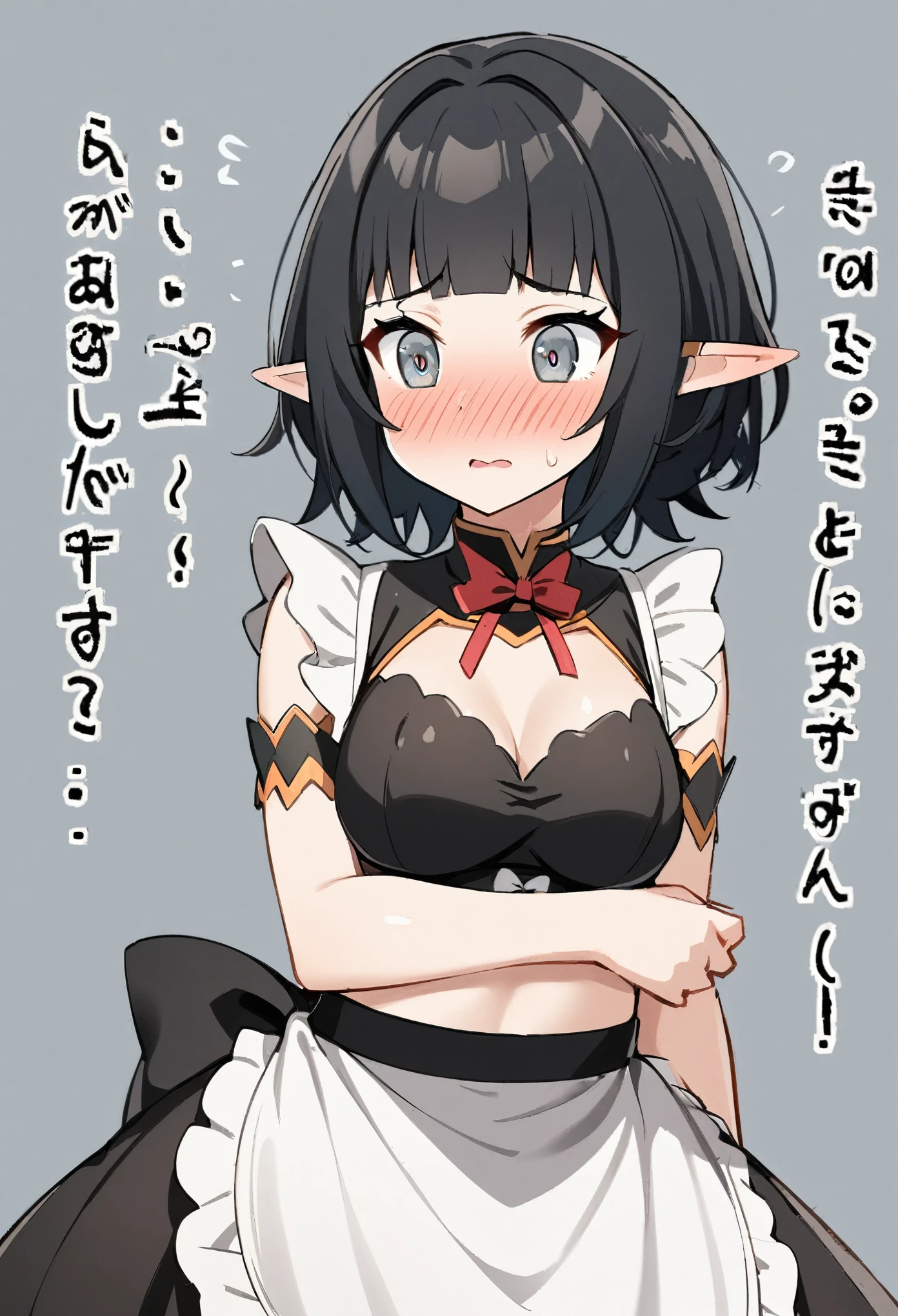 1girl, elf, ((wearing maid bikni)), bashful expression, blushing red, short hair, gray eye color, (Black hair color)1girl, elf, maid. maid uniform, bashful expression, blushing red, short hair, gray eye color, (Black hair color), bikni