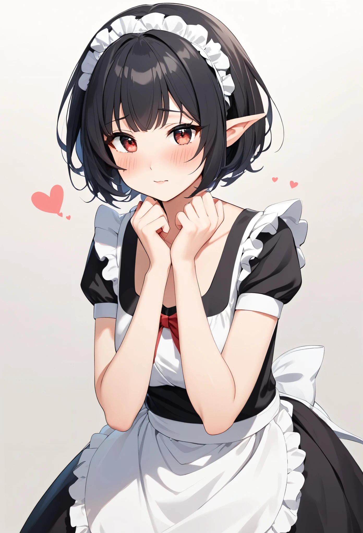 1girl, elf, wearing maid bikni, bashful expression, blushing red, short hair, gray eye color, (Black hair color)1girl, elf, maid. maid uniform, bashful expression, blushing red, short hair, gray eye color, (Black hair color)