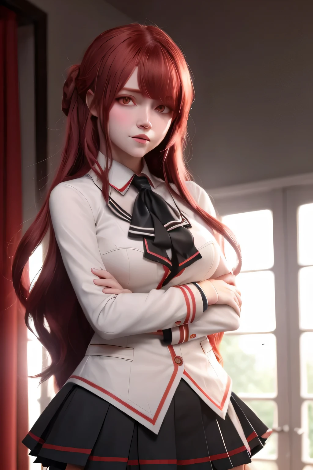 1 girl, star eye, blush,  perfect lighting , Red hair, red eyes, Unreal Engine,  side lighting , detailed face, blows, shiny skin, school, cuerpo completo, perfect anatomy, without dark circles,  free expression in the eyes , evil laugh,  but very pretty, Bella, glowing face , Yandere,  well-shaped eyelashes , Very nice facial face, School uniform, A heart with fingers , well-shaped busts 