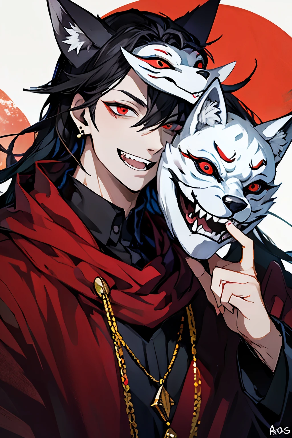 high resolution, masterpiece,man,Black hair, earring, red eyes, Teeth, Crazy Laugh, Evil Eye , Fox Mask ,