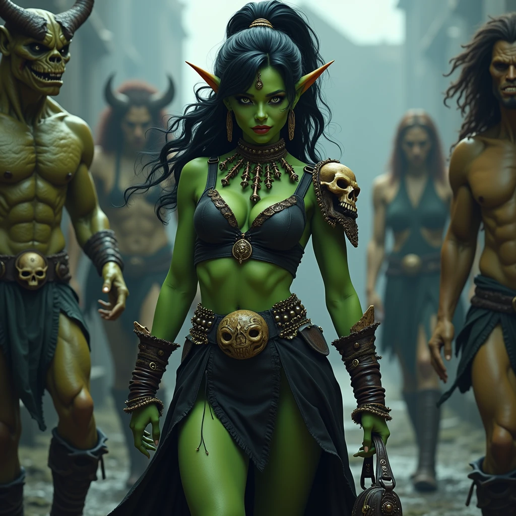 Warcraft Character, Beautiful orc Audrey Bitoni with big bare breasts, fishnet stockings, mini skirt, Horde, Warcraft, green skin, Axe in hand, steppe, campfire, Magic, Chic, 真实感, super realism, magic atmosphere, Ruins, Animal skins, calavera, dice, a lot of details, Necklace of teeth, fangs,field, Wasteland, open space,