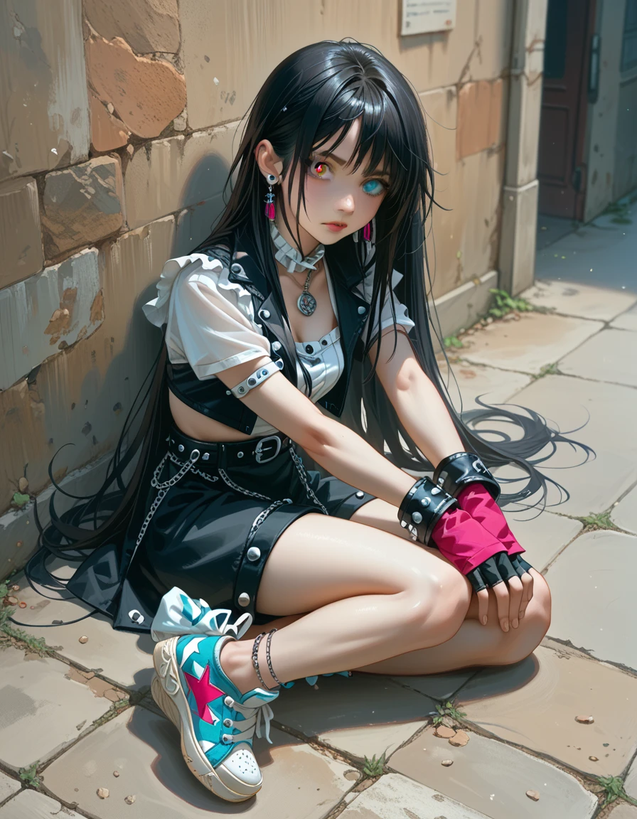 (high resolution,,)(nsf3)(street)(Full body view) 1girl((female ) (Black Hair、 semi-long hair、Heterochromia)（punk style magical girl costume ,Ear Cuff, anklet with birthstone,sneakers,Fingerless gloves）