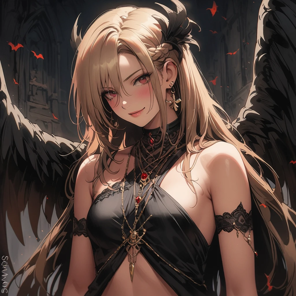 Blonde girl alone, red eyes, black dress, off shoulder, black angel wings, night