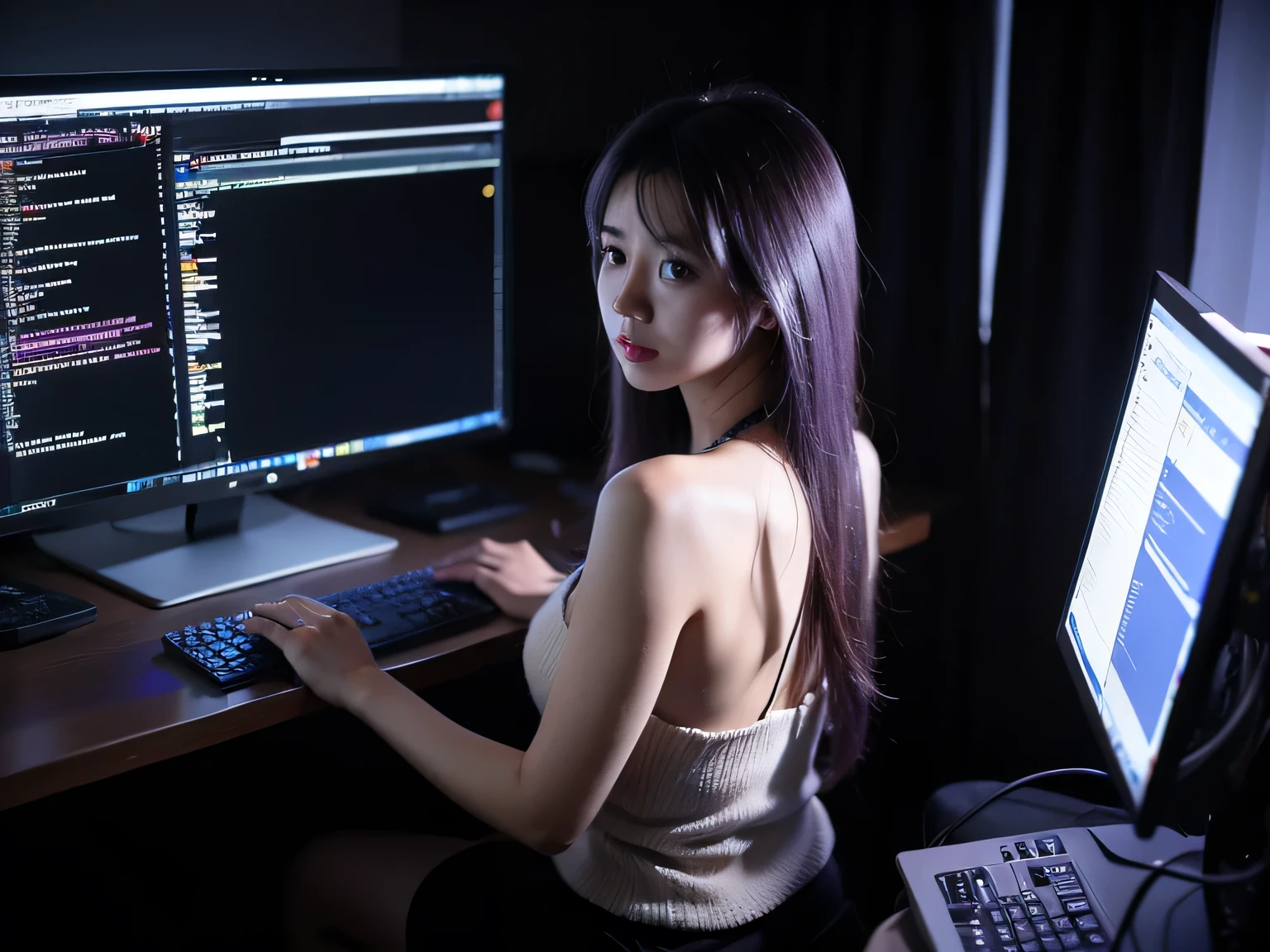 1girll,playgame,From behind,Large monitor,computer keyboard,Red and gold dress,tiara,(seethru:1.3)