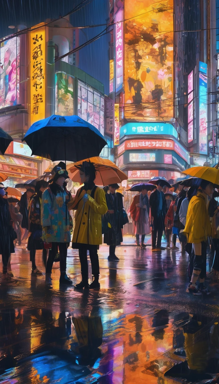 "Shibuya Halloween, night view of the scramble crossing, people in elaborate costumes, neon lights reflecting in rain puddles, lots of people taking photos, detailed and realistic, digital painting"