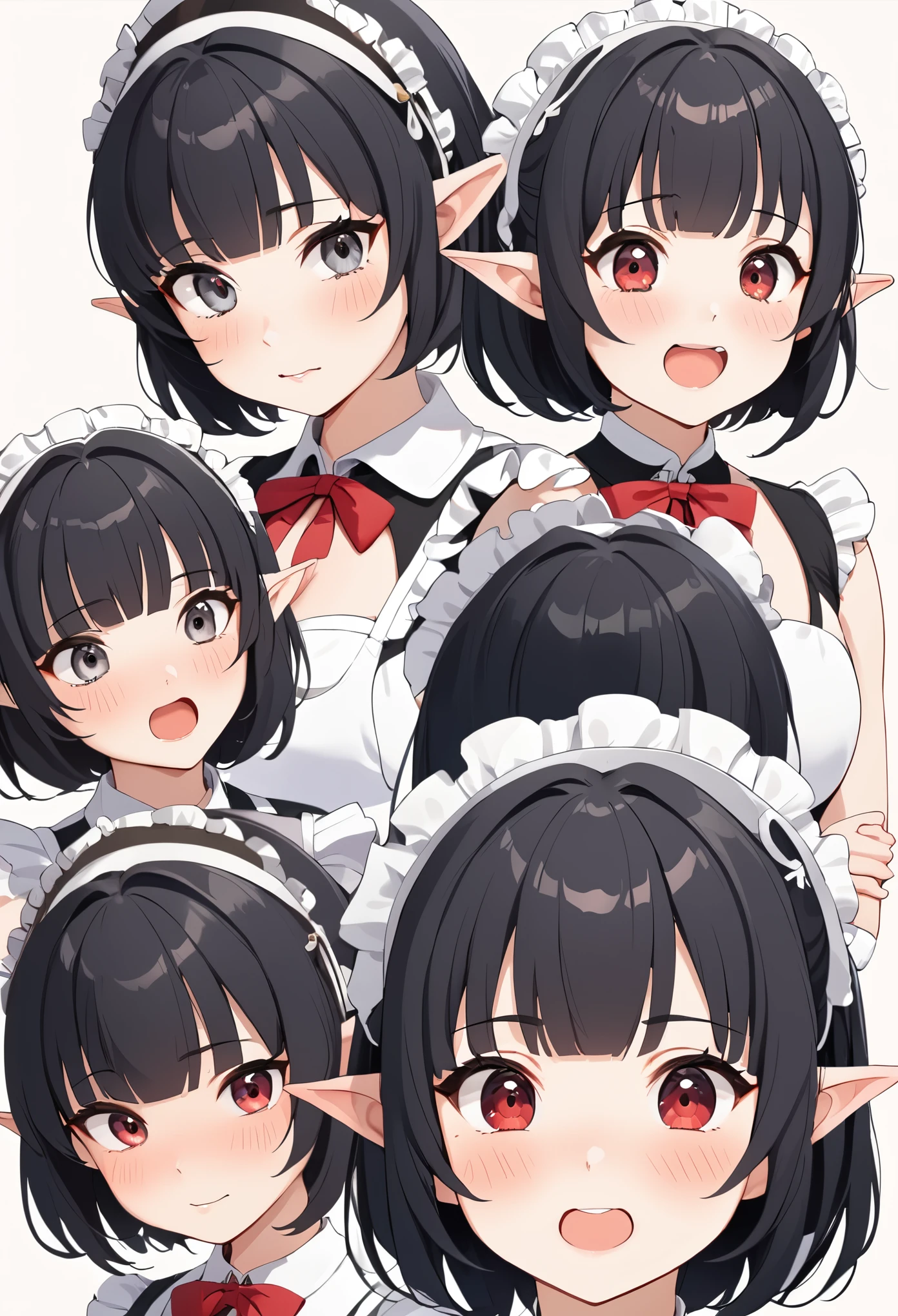 1girl, elf, maid, maid bikni, bashful expression, blushing red, short hair, gray eye color, (Black hair color)